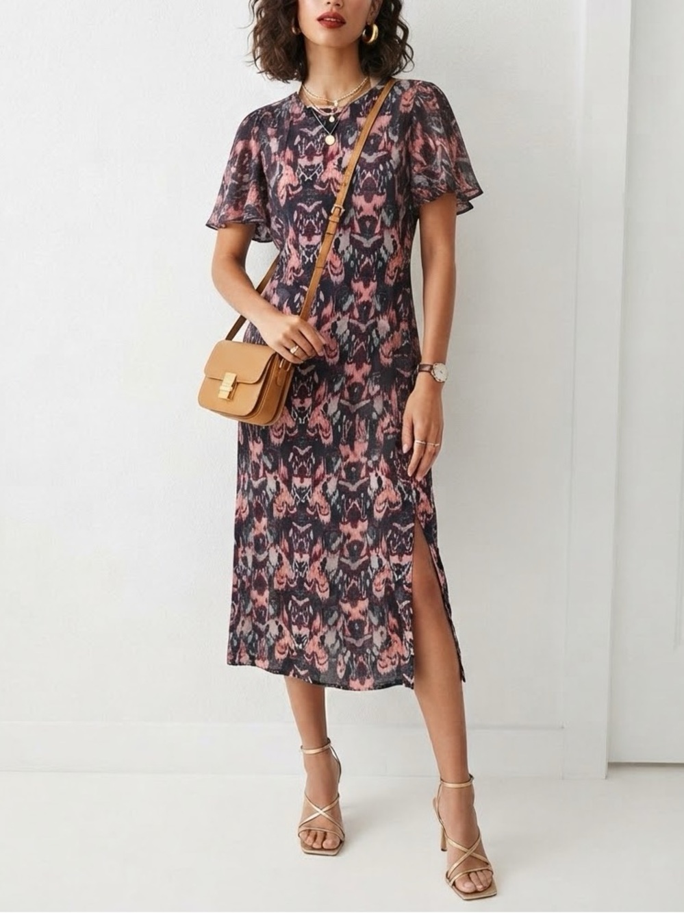 Sfera Abstract Ikat Print Flutter Sleeve Midi Dress Purple Salmon Pattern❤️